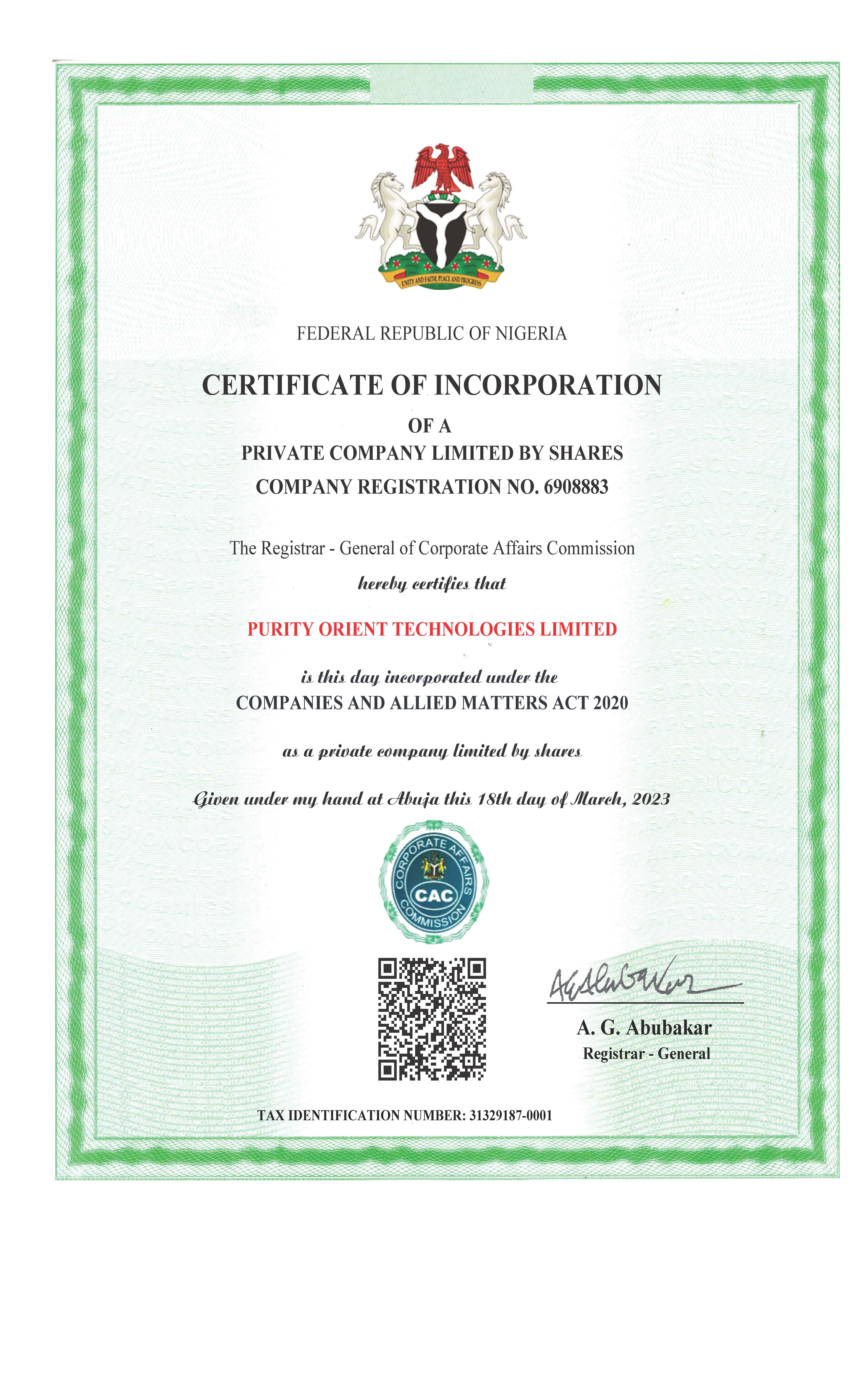 Certificate of Incorporation of Purity Orient Technologies Limited, issued by the Corporate Affairs Commission
