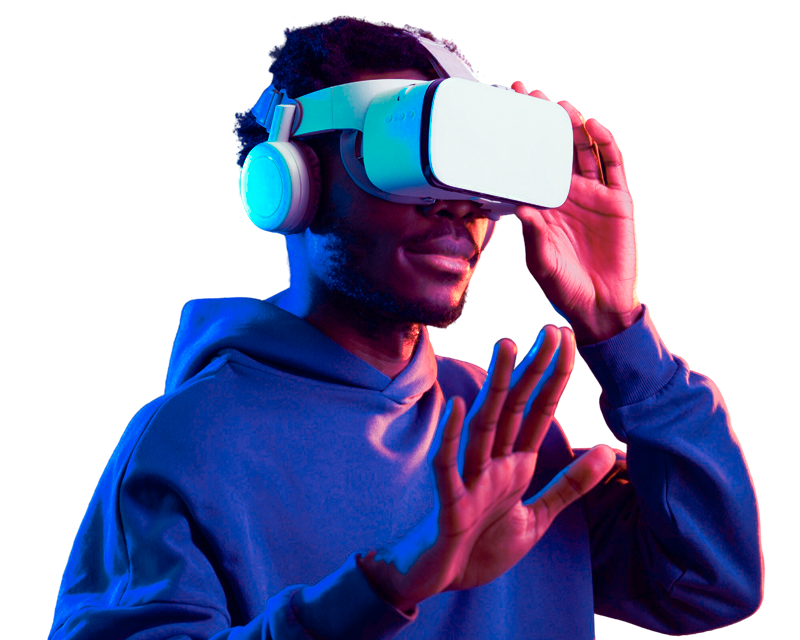 Young man exploring a virtual reality experience
